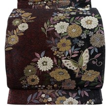 Fukuro Obi Six Panel Gold Thread Foil Flowers Butterfly Burgundy Silk 436cm