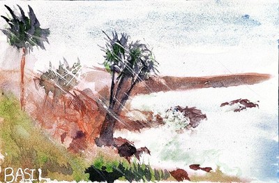 Sunny Island Beach Original Signed Abstract Impressionist Watercolor Wall Art 