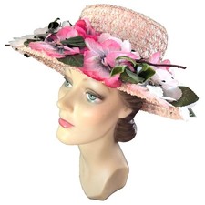 1960s Vintage Pink Cellophane Wide Brim Straw Hat with Pink Flowers