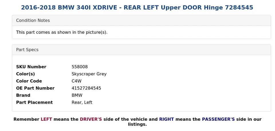 BMW 340I XDRIVE 2016-2018 - bisagra puerta superior trasera izquierda 7284545 Foto 4 de 4