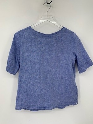 L.L. Bean boxy linen blouse top shirt blue short sleeve back button women Medium