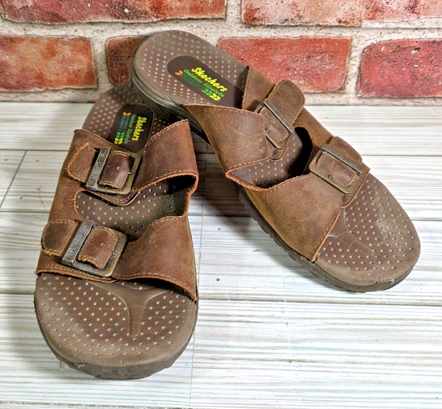 SKECHERS Reggae Jammin Womens Size 7M Brown Leather Double Strap Buckle Sandals