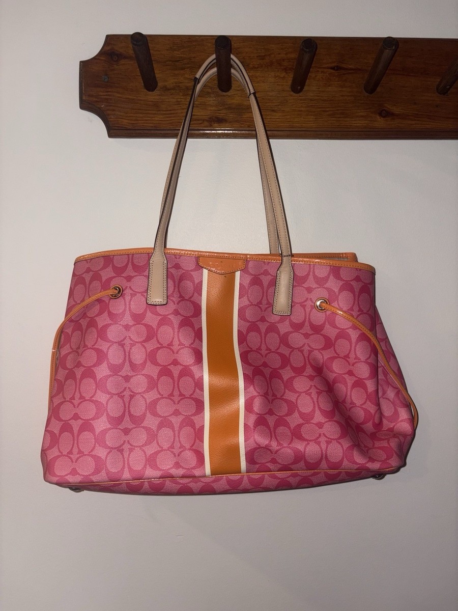 バッグ Coach Pink Signature Tote Bag Tassel Coach Signature Tote Bag Handbag Logo Pattern Pink Canvas Leather