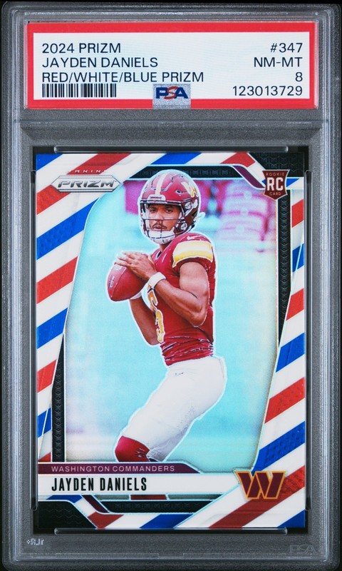 2024 Panini Prizm Football Jayden Daniels #347 RC Red White Blue Prizm PSA 8