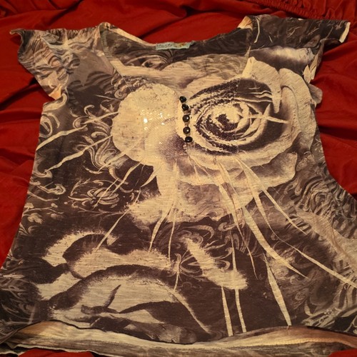 Unity World Wear Petites PS Gray/White Floral Scoop Neck Knit Cotton Top