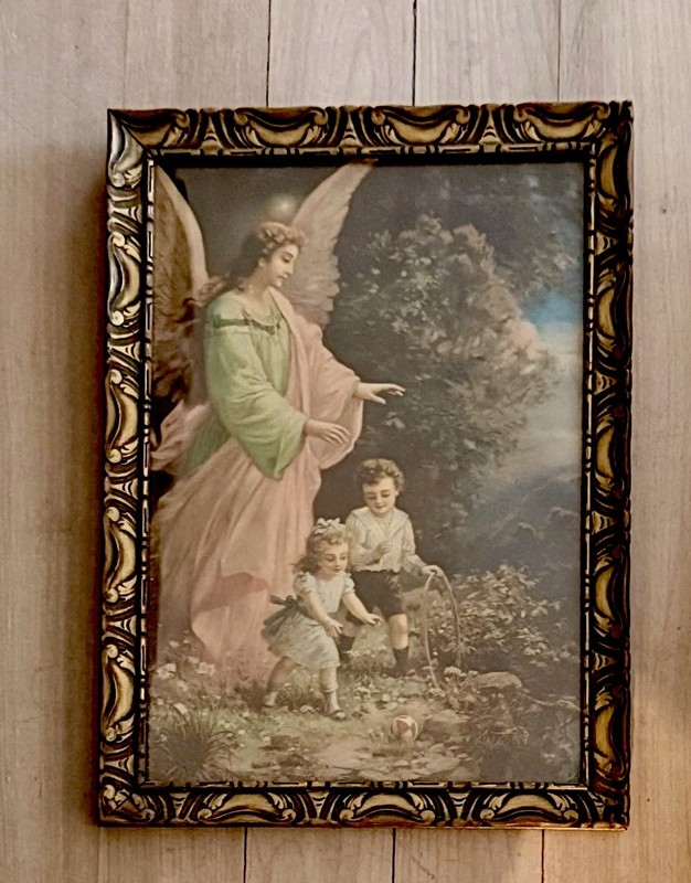 Vtg Guardian Angel Watching Children on Cliff W Hoop Wood Framed Picture 9x11 In