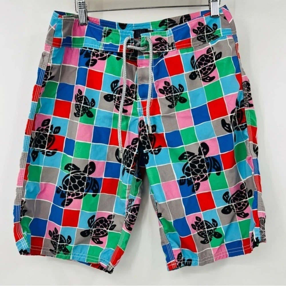 Vilebrequin Mens Swim Trunks Blue Green Sea Turtle Shorts W/Drawstring Size Sm