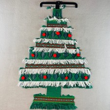 Vintage 60s 70s Hanging Woven Macrame Christmas Tree Pom Pom Boho 38 x 27  