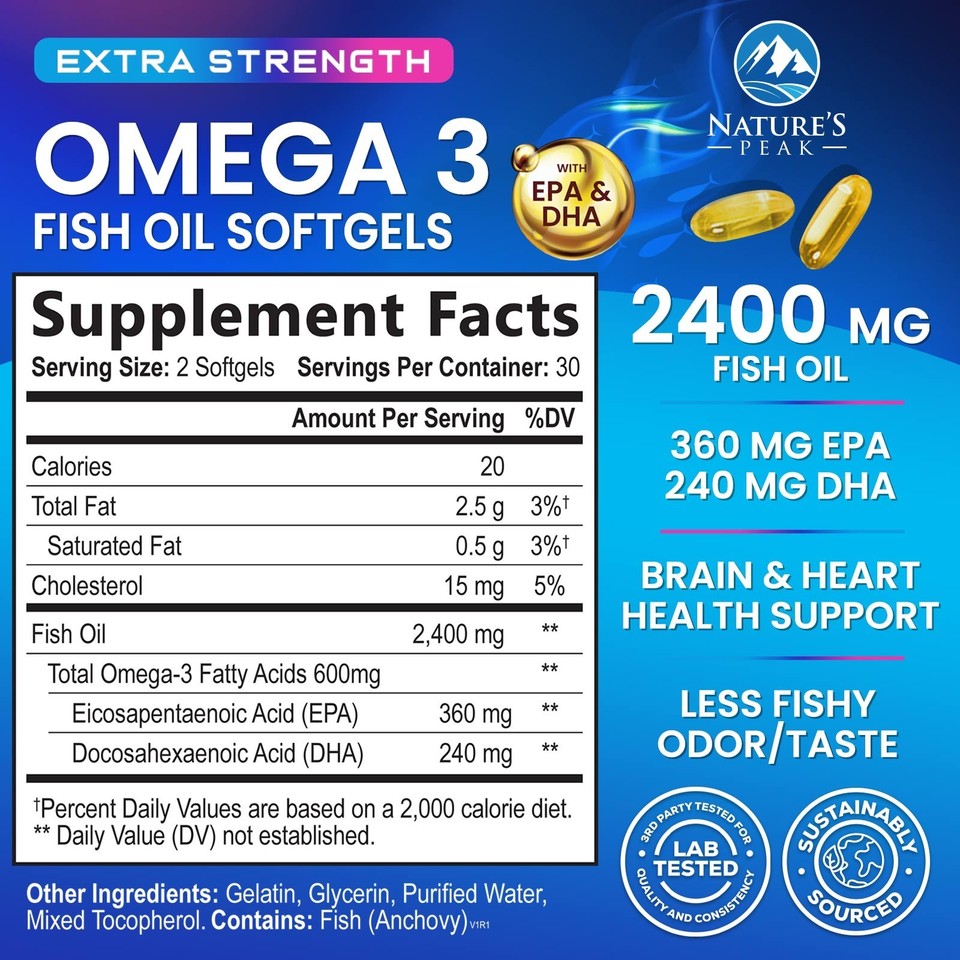 Triple Strength Omega 3 Fish Oil 2400 mg Softgels, Nature's Fish Oil ...