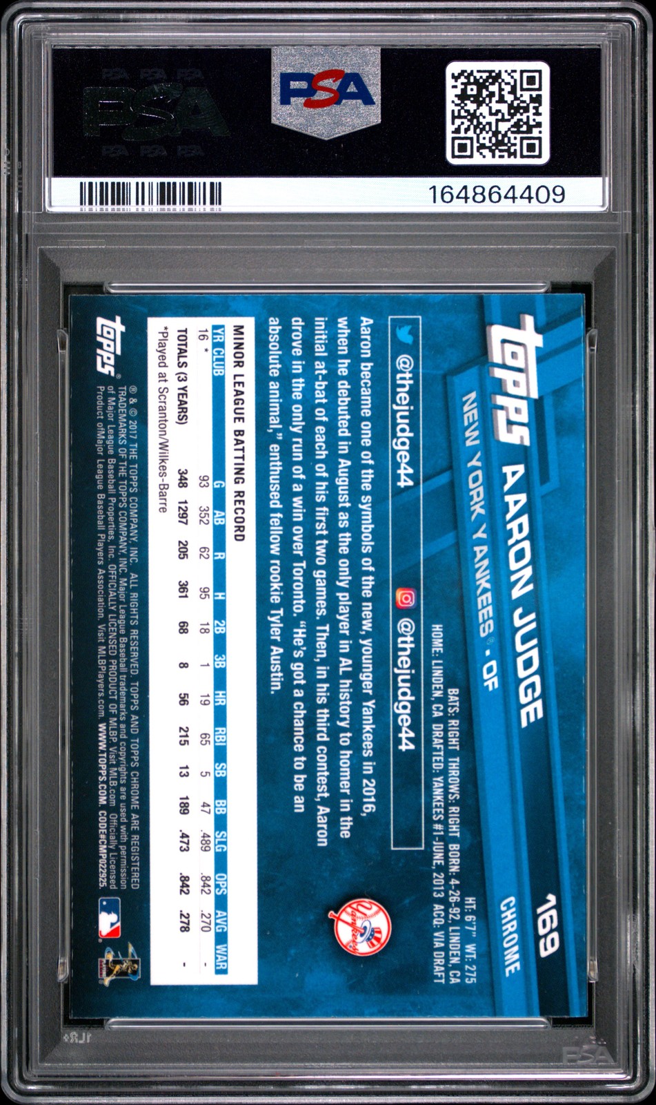 2017 TOPPS CHROME #169 AARON JUDGE PSA 8 view 2