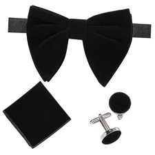  Men Pre-Tied Oversized Big Velvet Bow Tie Pocket Square Cufflinks & Black Set