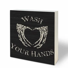 4"X4" Gothic Wooden Block Sign - Wash Your Hands - Black Pine Wood Plaque, Home