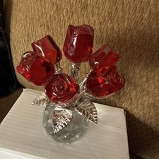 New Handcrafted Red Roses W/Silver Leaves Crystal Figurine Vase
