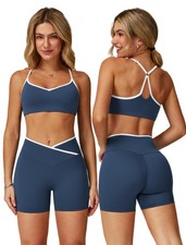 ABOCIW Two Piece Workout Sets for Women Color Block Strappy Sports Bra Crosso...