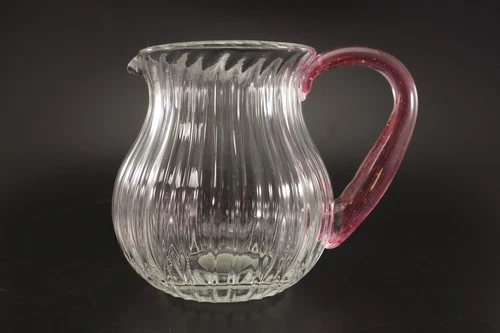 Blown Glass Pitcher Clear with Pink Handle Milk or Small Water Ribbed 5" Vintage