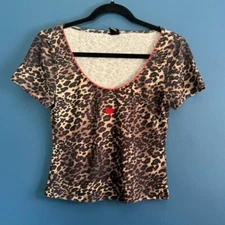 Urban Outfitters Baby Tee Women's Size Medium Leopard Cheetah Red Embroidered