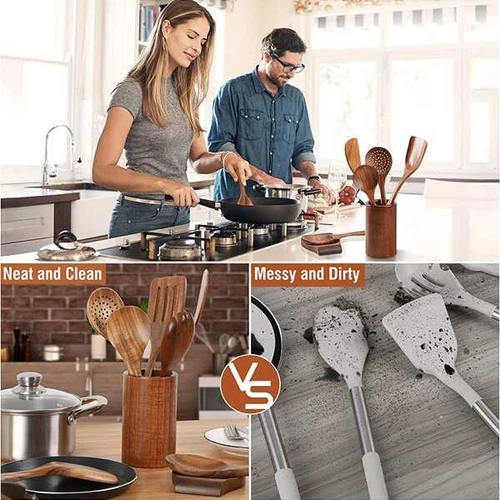 9PCS Wooden Utensils Set For Kitchen Handmade Natural Teak Wooden Cooking Spoons - Picture 7 of 12