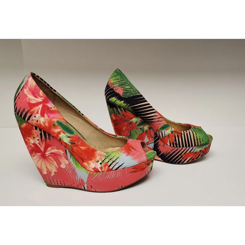 ALDO Mujer Estampado Tropical Hazinski Peep Toe Cuñas Talla 7.5 Foto 3 de 4