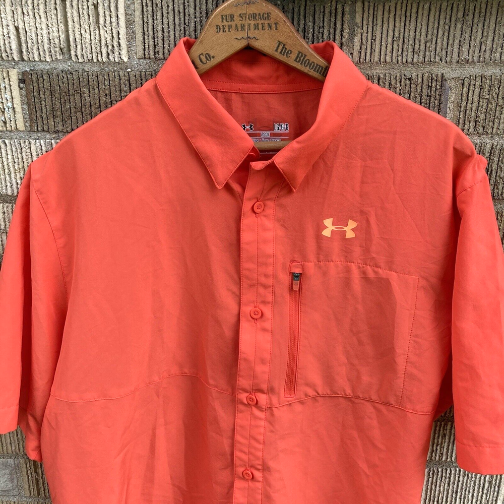 Under Armour Men’s Large Orange Offshore Fishing Shirt with Button-Up Design