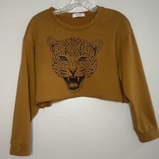 Girls Tan Cropped Sweater With Leopard Face Design Size Small