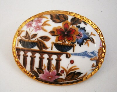L878) Vintage Brosche ovale Porzellan oder Bone China Emaille verziert Topfblumen
