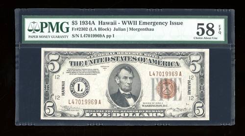 DBR 1934-A $5 FRN Hawaii Fr. 2302 PMG 58 EPQ Serial L47019969A