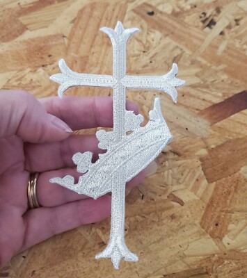 Embroidered Silver Metallic Latin Fleur Cross W/Crown - Iron On Applique Patch
