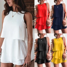 Womens Solid Irregual Layered Casual Sleeveless Jumpsuit Short Playsuit Romper