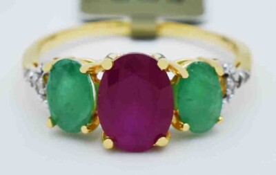 ECHTER RING 1,85 kt Rubin, Smaragd & Diamanten 10 kt GOLD - kostenloser Bewertungsservice