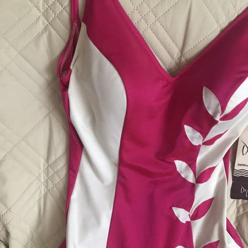 1980s NWT De Weese Designs Fuchsia & White Sea Leaves One Piece Swim Suit Sz 16 - Picture 3 of 13