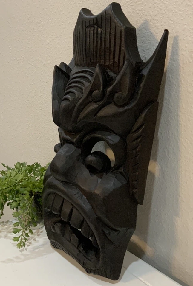 Vtg Antique Japanese Asian Primative Carved Wood Menburyu Tiki Demon Mask - Image 2 of 4