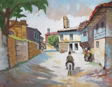 Vintage gouache painting village landscape