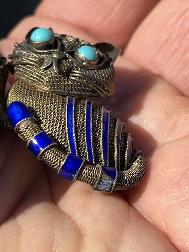 Broche prendedor turquesa plata esterlina oro malla esmalte azul gato chino vintage - Imagen 3 de 9