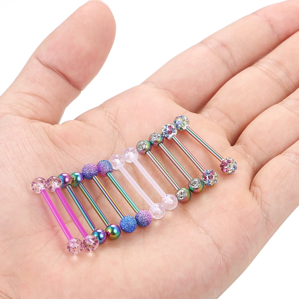 Anillos de lengüeta de pezón con barra recta de acero inoxidable 12 piezas piercing corporal joyería Foto 4 de 4