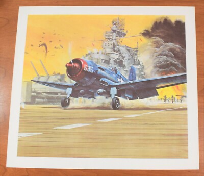 Vintage Colored Print features US NAVY Aircraft Carrier with Corsair 636 on Deck