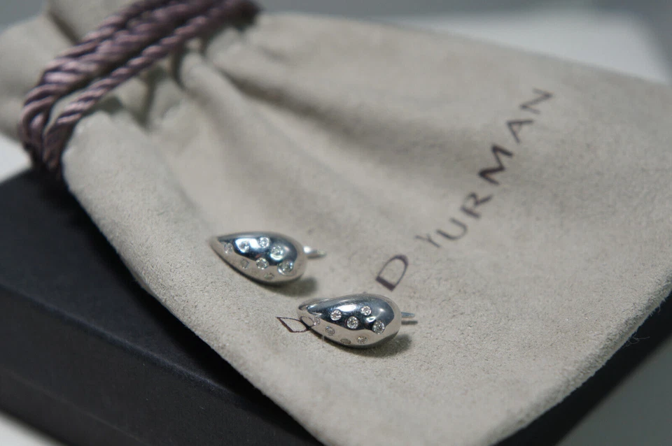 David Yurman Plata 925 PUREFORM 16 Diamantes Gota Alambre Pendientes DY Bolsa Foto 2 de 4