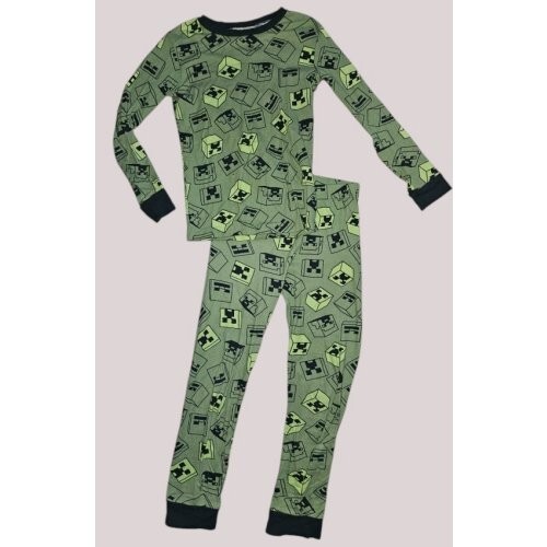 * MINECRAFT Green CREEPER Print Long Sleeve Cotton Pajamas Boys Size 10 - Picture 2 of 4