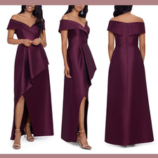 NWT $289 XSCAPE [ 12 ] Off Shoulder Draped Asymmetrical Gown in Burgundy #G1193