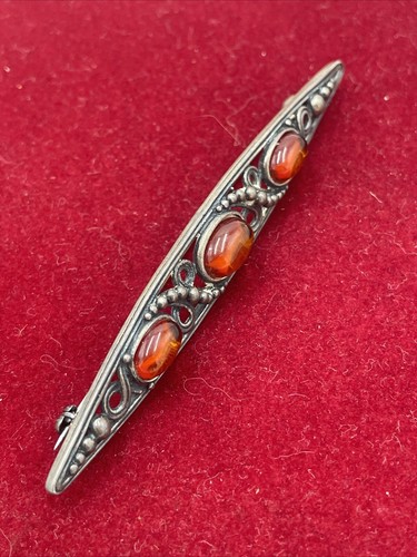 925 Solid Sterling Silver Honey Baltic Amber Long Designer Beautiful Brooch 3”