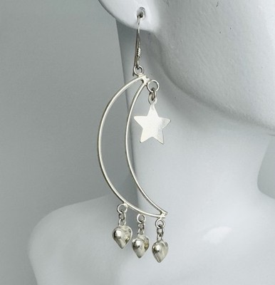 Sterling Silver Moon Star Dangle Earrings Celestial Hearts 2.5 Inch