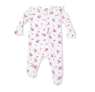 Angel Dear - Pink Rosettes - 2 Way Ruffle Sleeve Zipper Footie - NB - Image 1 of 3