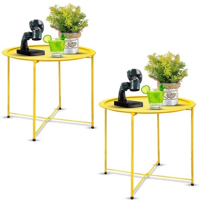 Garden 4 you End Table 2 PCS Metal Side Table Yellow Round Folding Tray Cyan ... - Image 1 of 4