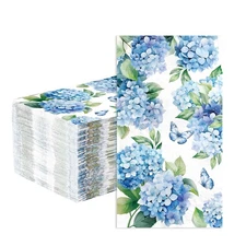 100Pcs Hydrangea Paper Napkins 3 Ply Watercolor Blue and White Floral Butterf...