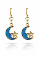 Handcrafted Blue Moon and Star Celestial Enamel Dangle Earrings Gold Tone