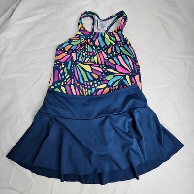 Lands' End Tankini Girls Size 7 Geometric Print Top Solid Blue Skort Bottoms 