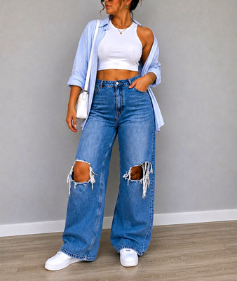 H&M Divided Wide Leg Jeans mit Destroyed-Look, Neu, Curvy, Gr. 50