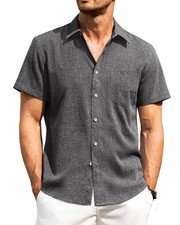 Men's Linen Short Sleeve Button Down Shirt Wrinkle Free Breathable Lightweight