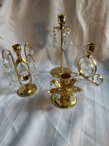 Vtg 24K Gold Plated Candle Holders W/ Crystal Prisms Various Makers - Set Of 4