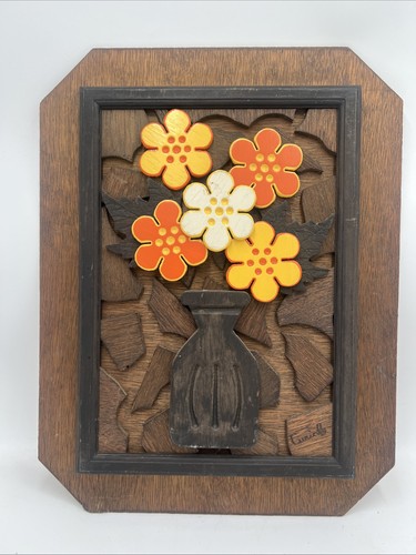 Vintage MCM Handmade Wooden Flower Wall Art Unique Decor Realistic 3D Signed - Image 1