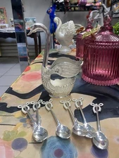 Swan Caddy with 6 Little Spoons Silver Plated Fancy About 5” Inches H